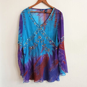 Phool Womens Tunic Blouse Blue Purple Sheer Sequin V Neck Lightweight Size XL